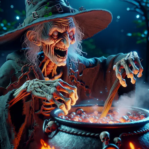 Prompt: 3D closeup, anime style, half body shot, a little person, a skeletal creepy angry wicked warlock old wrinkled old man, yelling hysterically at the sky, dress, hat stirring a bubbling smoking cauldron, fire, realistic facial features, exaggerated facial expression, intricate details, creepy dead forest at night setting, dark mood, hi res, vibrant color