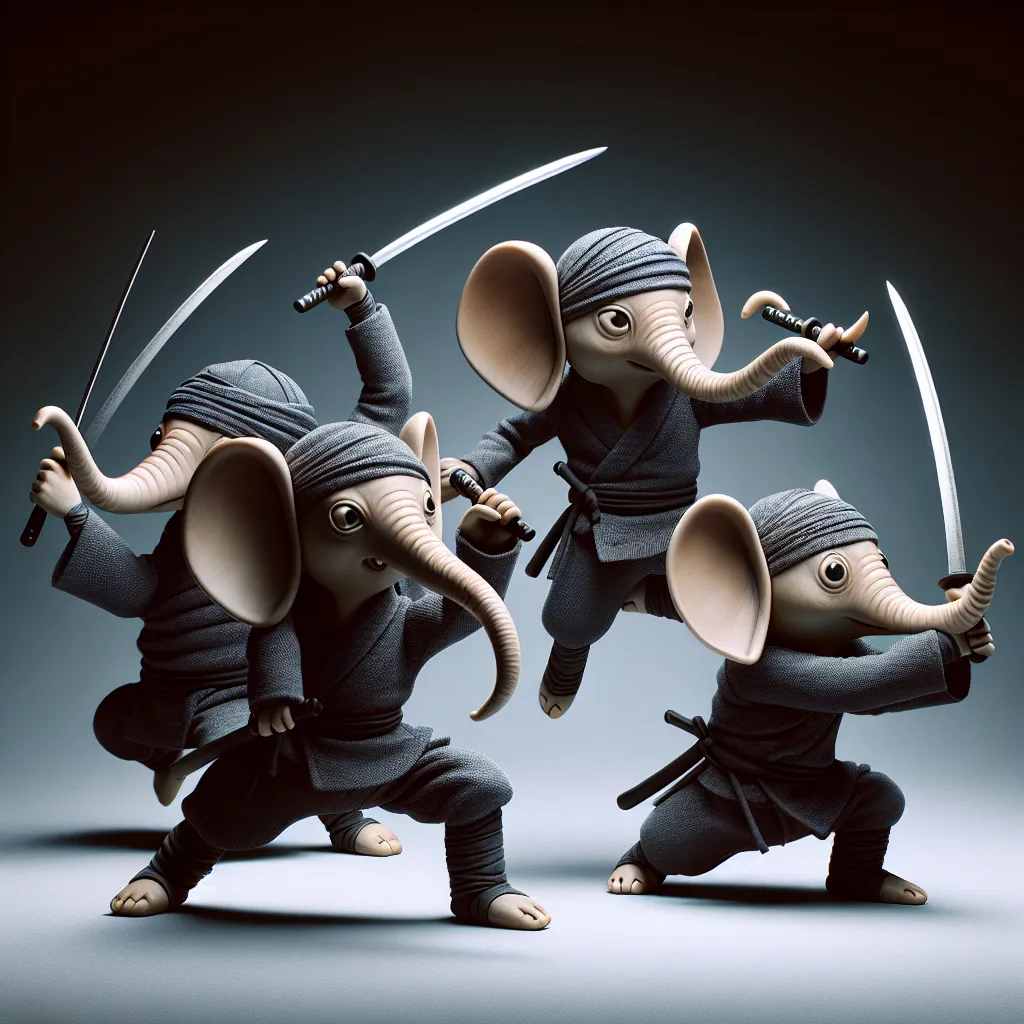 Prompt: Photo realistic, whimsical caricature, dynamic pose little persons, if four ninja turtles with swords had elephant trunks and elephant facial features,