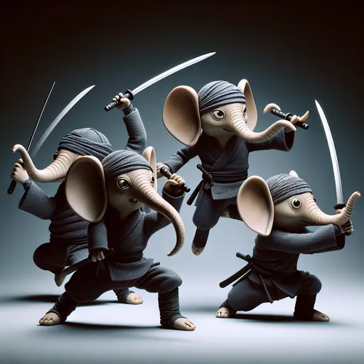 Prompt: Photo realistic, whimsical caricature, dynamic pose little persons, if four ninja turtles with swords had elephant trunks and elephant facial features,