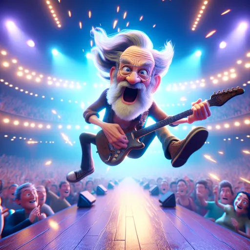 Prompt: 3D View from below,  Looney Toons style, a little person, 100 year old very wrinkled old man with electric guitar , long crazy hair dressed as rock star (jump kicking on stage toward the viewer) singing "Let the bodies hot the floor", humorous surprised facial expression, realistic facial features, real sparks, drifting smoke, busy rock concert setting, stage lighting, high quality, high definition, vibrant colors