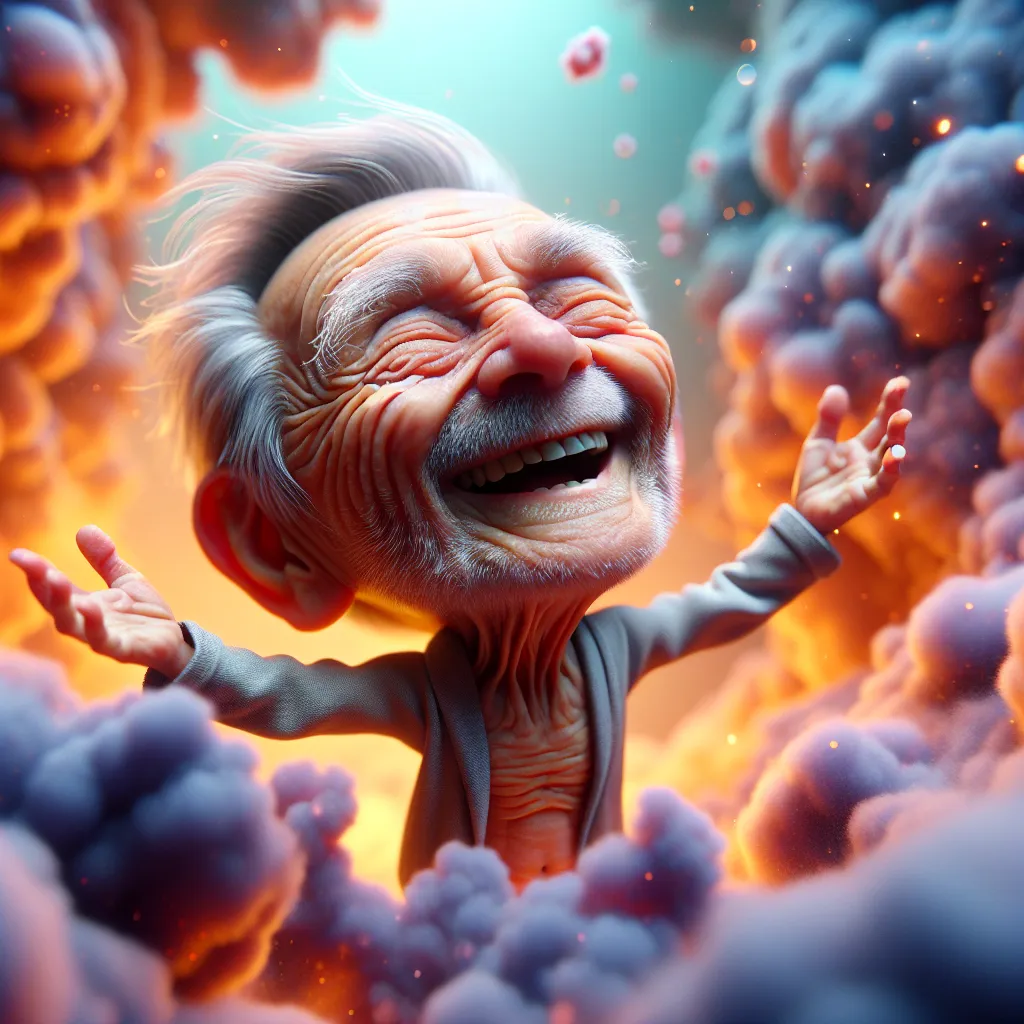 Prompt: 3D closeup, Looney toons, Surreal, dreamlike, a little person, 109 year old wrinkled old man, very happy smiling, floating in a fanciful smoldering dream world with not a care in the world, hi res, vivid colors, meticulous detail