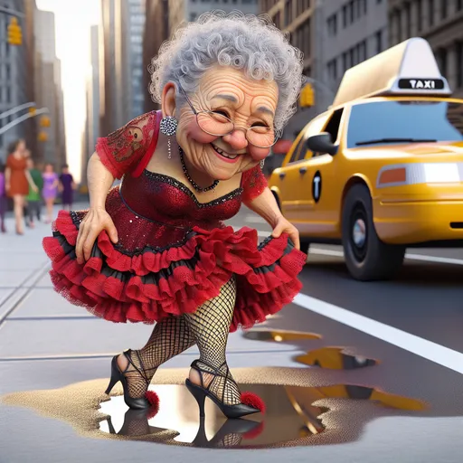 Prompt: 3D closeup, full body View from above,l, a little person, a happy cute wrinkled old lady, showgirl red frilly mini dress fishnet stockings high heel shoes (carefully stepping over a puddle toward the viewer) toward open yellow taxi door, taxi at curb , humorous, realistic facial features, intricate details, street curb setting, hi res, vibrant color