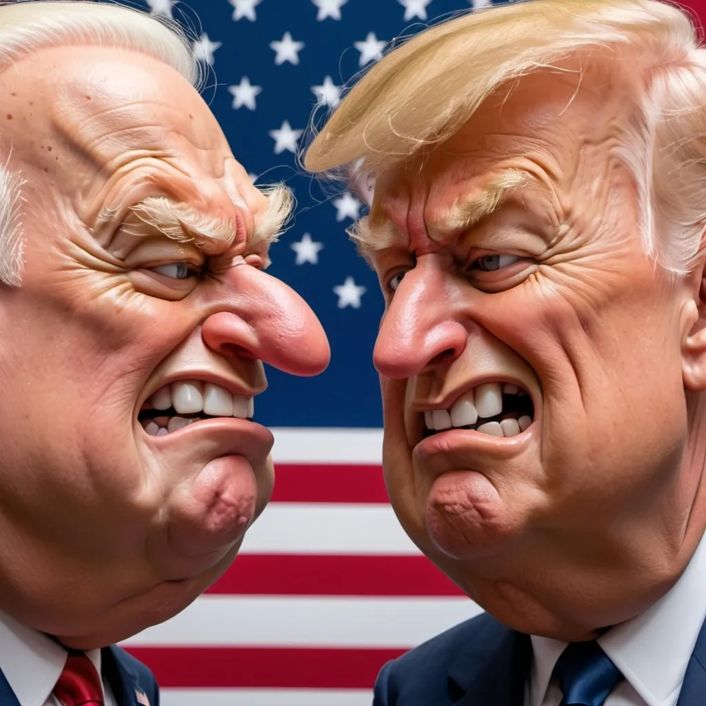 Prompt: Close-up, depth of field, style Looney Toons, a little person, exaggerated caricature, plump Donald Trump, thin Joe Biden, angry, nose to nose, staring each other in the eyes, humorous expressions, painted style, comical details, high quality, professional, humorous, detailed facial features, playful lighting, background is an American flag