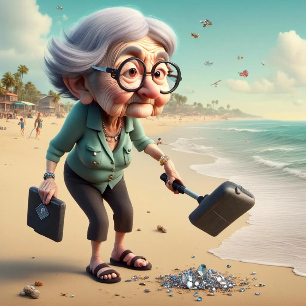 Prompt: <mymodel> a grandma uses a metal detector on the beach to find a lost diamond ring. 