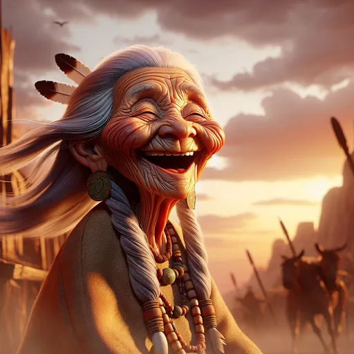 Prompt: 3D, depth of field, an 85 year-old wrinkled old woman, native american very happy and smiling, floating high in the sky at dawn , an enchanted and dreamlike native american dream world, native American symbolism, Looney Toons style, native American facial features, meticulously detailed, hi-res, surreal, dreamlike, happy carefree expression, floating, earth tones, Looney Toons style, meticulous detail, carefree atmosphere, humorous, warm lighting