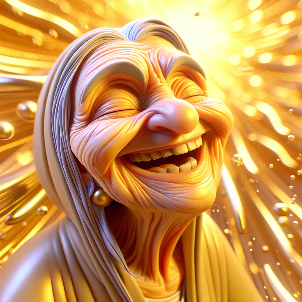 Prompt: 3D closeup of a 109-year-old wrinkled old lady, very happy and smiling, floating in a surreal and dreamlike golden dream world, Looney Toons style, vivid colors, meticulously detailed, hi-res, surreal, dreamlike, happy expression, golden dream world, 3D closeup, elderly, floating, vivid colors, Looney Toons style, meticulous detail, carefree atmosphere