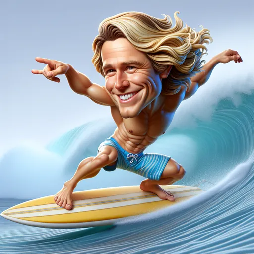 Prompt: 
Closeup Ultra Realistic Whimsical caricature of a cheeky male surfer riding a surfboard with expressive long blonde hair, blue swim trunks and a yellow striped surfboard I'm he is in a dynamic pose.  Large breaking wave background misted soft muted colours chic art cool vibes