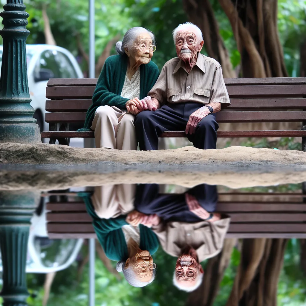 Prompt: Closeup portrait of retired 85 year old couple sitting on a park bench next to a lamp post holding hands. Viewer can see their reflection as a younger 25 year old couple in a pond body in the foreground, (the couple appears much younger in the reflection)