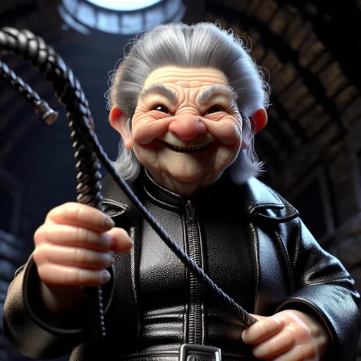 Prompt: 
Looney Toons, photo realistic, 3D, View from below, a little person,  100 year old wrinkled woman, grumpy wrinkled old woman long gray hair dressed in a black pcv suit holding a whip smiling at the viewer, dungeon  setting, action scene, humorous, funny exaggerated facial features, vibrant color, hi res