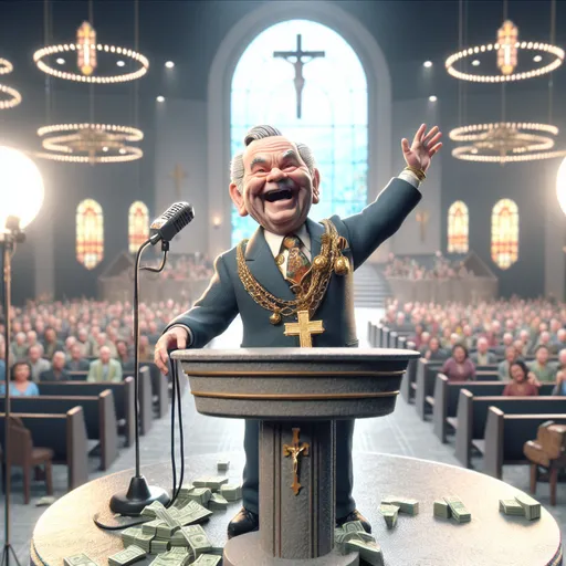 Prompt:  3D, full body view, depth of field, a little person, a 75 year-old wrinkled old man, baptist evangelical preacher, arms raised happy and smiling wearing a big microphone fancy preacher suit and gold jewelry standing at the church podium aggressively preaching to the choir, Looney Toons style, deceptive facial features, meticulously detailed, hi-res, surreal, sneaky expression, cross, stained glass, religious decor, Looney Toons style, meticulous detail, ominous atmosphere, tv cameras pointed at him,  (money scattered at his feet), massive audience, huge cavernous modern mega church setting, intense realistic facial features, humorous, bright stage lighting