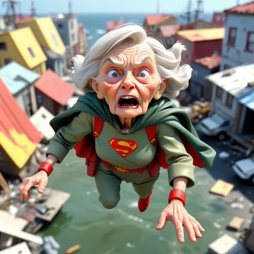 Prompt:  Closeup view from above,  realistic animation style, a little person, wrinkled old woman super hero hovering above a disaster scene, military harbor setting, whimsical, high quality, high definition, vibrant colors