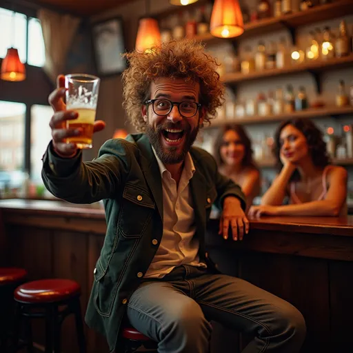 Prompt: A quirky weird curly hair man with thick glasses sits at the bar raising a half full shot glass toward the viewer in a Salute. He is happy and drunk and off balance falling off of his bat stool. Two very attractive women sit nearby watching him whispering and giggling.