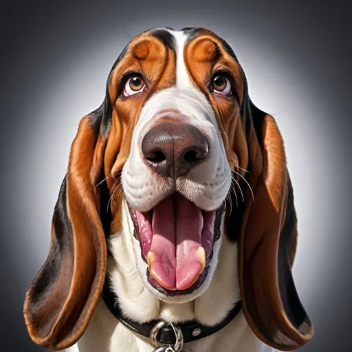 Prompt: Photorealistic Looney Toons illustration of a  smiling basset hound, tongue hanging out, very long neck and ears, silly facial expression, spiked black collar, vibrant colors, detailed fur, whimsical art style, exaggerated features, playful, high quality, vibrant colors, exaggerated proportions, humorous lighting