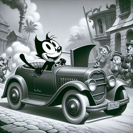 Prompt: 2D, Black and white, Fleischer Cartoon style, a little cat driving antique car, 1930's Felix the Cat, exaggerated, humorous, comical vintage 1930's setting