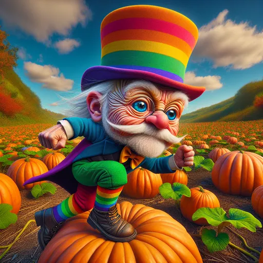 Prompt: Photo realistic, Looney toons style, a little person, A 100 year old wrinkled old cat in the hat in rainbow colors inspired by the illustrations of Dr. Seuss, jumping over a pumpkin, pumpkin patch setting, realistic facial features, humorous, vibrant colors