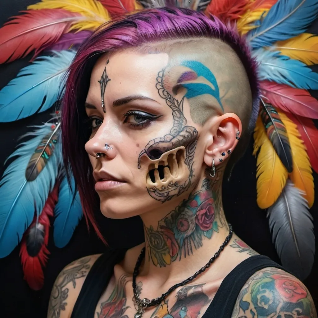 Prompt: Closeup, Head shot, a woman with tattoos and piercings on her face and neck, with a colorful background of feathers and a skull, Art Germ, gothic art, highly detailed oil painting, cyberpunk art