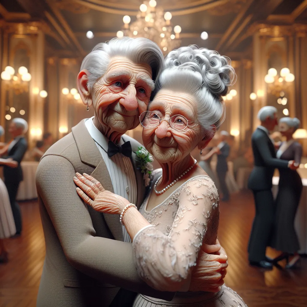 Prompt: Closeup, Elegant subtle vignette, Looney Toons, a little person, a 100 year old wrinkled, well dressed couple in love, ballroom dancing, nostalgic, romantic, elegant fancy crowded ballroom dance floor setting, elegant decor and furniture floral arrangements, soft glow lighting, hi res, detailed facial features