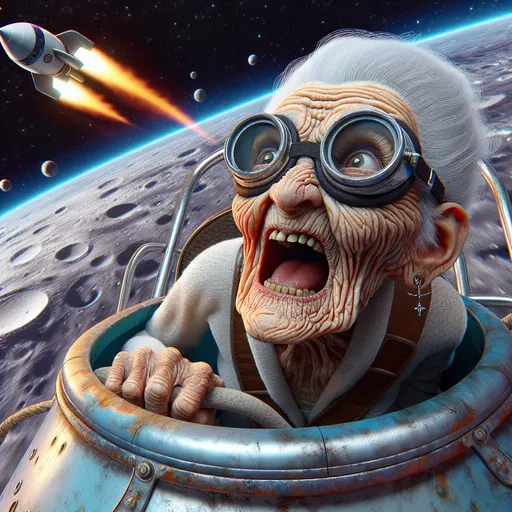 Prompt: 3D portrait, Fleischer Cartoon style, View from above, 100 year old very old wrinkled old lady wearing goggles screaming strapped to the side of a fast rocket  hurtling toward the viewer, earth recedes in the background, humorous, exaggerated facial expression, moon, outer space setting, vibrant colors, hi res