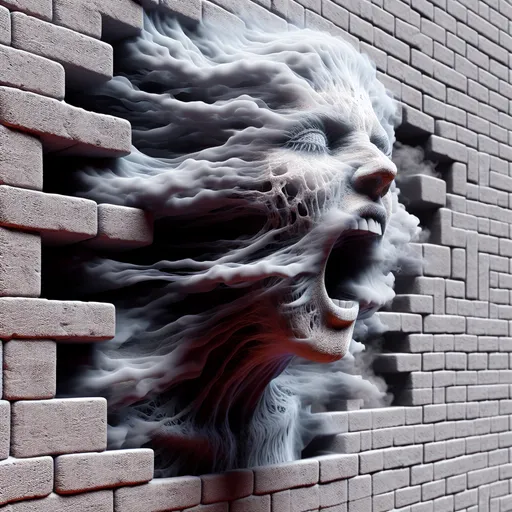 Prompt: 3D, Extreme closeup, half body shot,  transparent girl made of smoke passing through a brick wall, screaming at viewer, frightening, realistic facial features, transparent features, surreal