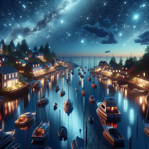 Prompt: a beautiful small New England marina with boats next to the ocean at night with a reflection in the water photorealism, photorealistic imagery, a 3D render, ultra high definition