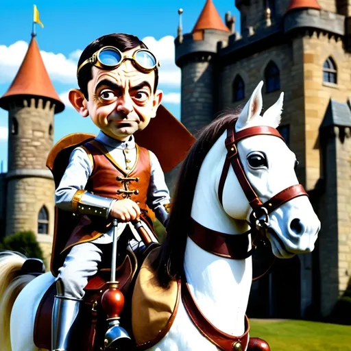 Prompt: Ultra Realistic, a little person, Mr Bean, dressed as a Knight, goggles, Steampunk, holding a lance, sitting on horse with saddle, Victorian Era castle setting, whimsical, comical, Looney Toons, vibrant colors, high quality, realistic facial features, animated, cartoon realism, details