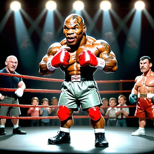 Prompt: A little person, Mike Tyson, aggressive boxing stance, standing in a boxing ring, an excited audience in the background, stage performance, glistening muscles, detailed facial features, vibrant colors, photo realistic, Looney Toons style, audience, theatrical lighting, high quality, detailed muscles, stage setting, professional, animated shading, cartoon realism, detailed expression, muscle definition