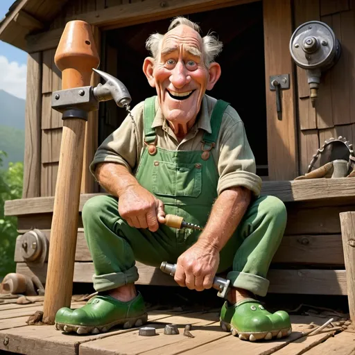 Prompt: Detailed Pixar portrait of a barefoot, wrinkled old hillbilly in coveralls, comically drilling holes through the top of a crocodile head with an old-fashioned hand drill, green mountain country cabin setting, humorous, high quality, detailed, Pixar, country cabin, comical, drilling action, wrinkled face, barefoot, old hillbilly, hand drill, crocodile head, green mountain, detailed, humorous expression, quaint setting, warm lighting