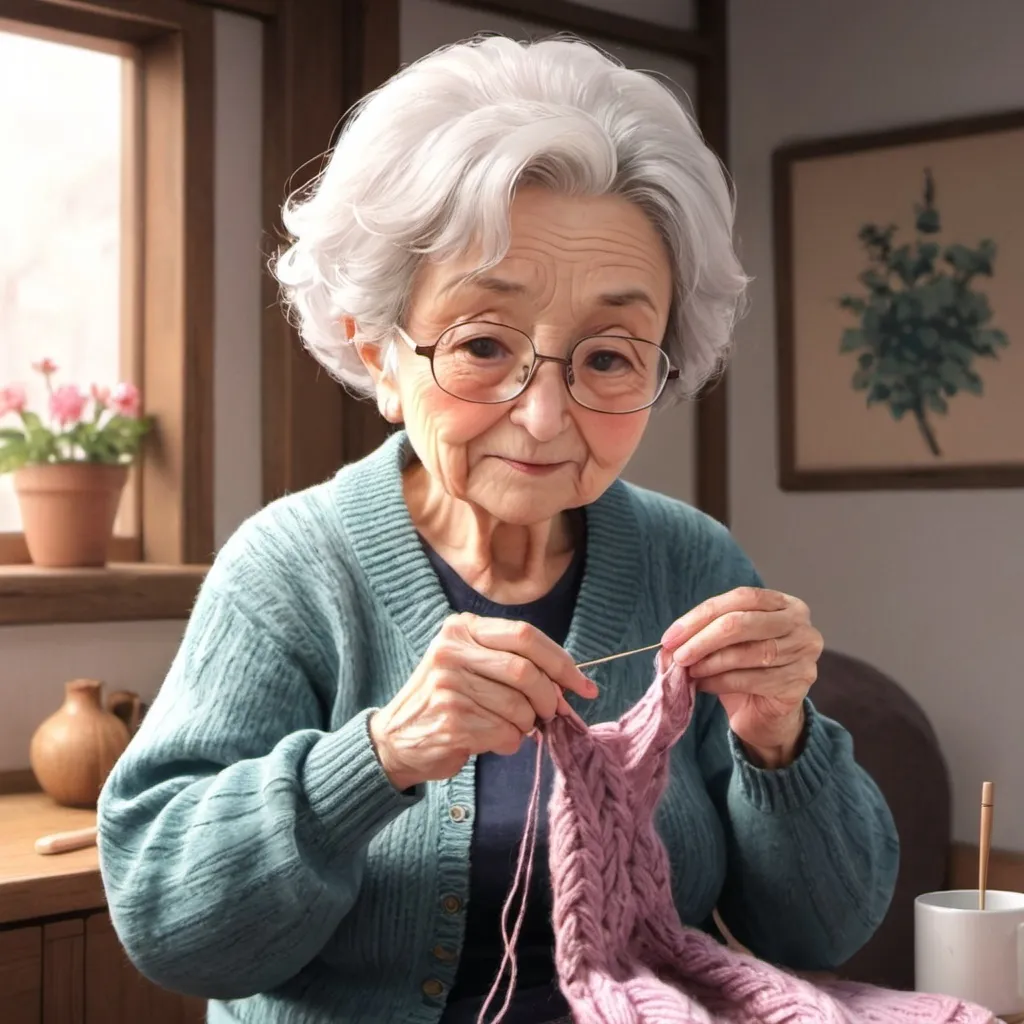 Prompt: Anime image of a grandma knitting a sweater