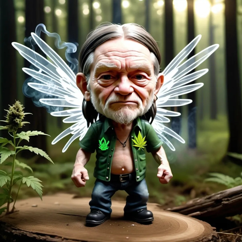 Prompt: Photo realistic, chibi fairy Willie Nelson, pony tail hair, flying, crazy crossed eyes, smoking weed, smoldering forest landscape, dusty atmosphere, realistic, detailed wings, intense lighting