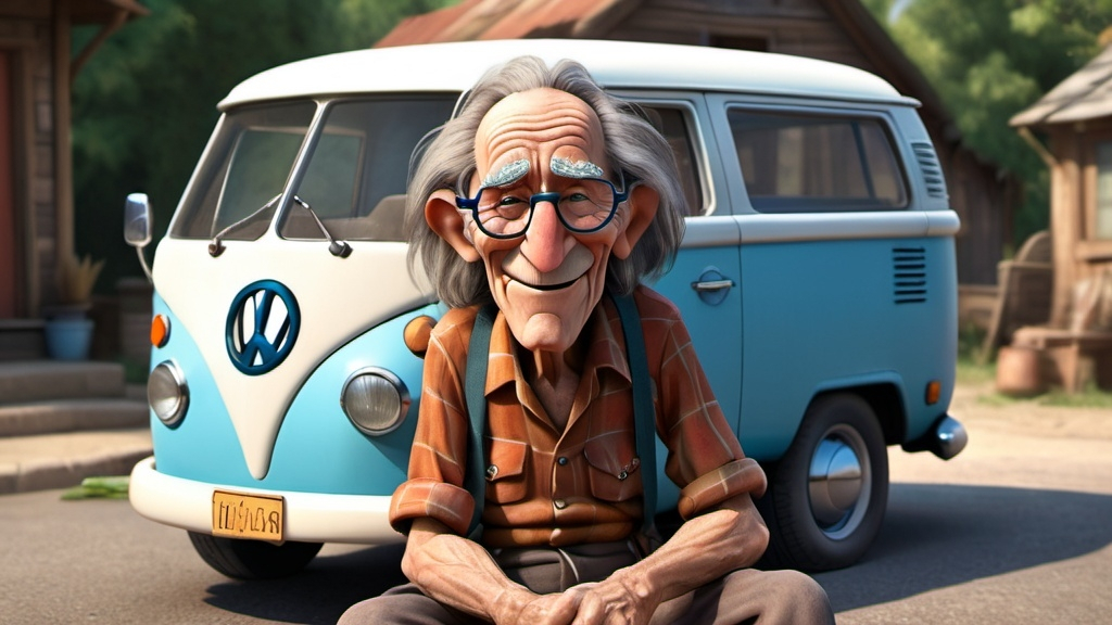 Prompt: Disney pixar comical character, 3D  render style, very deeply wrinkled 100 year old man sitting in front of an old VW van, 1960's peace sign, old hippy man in hippie clothing smoking weed, smiling, crazy long messy hair, many finely detailed exaggerated deep wrinkles, extra wrinkles, detailed craggy facial features, whimsical, cinematic colors, front porch setting