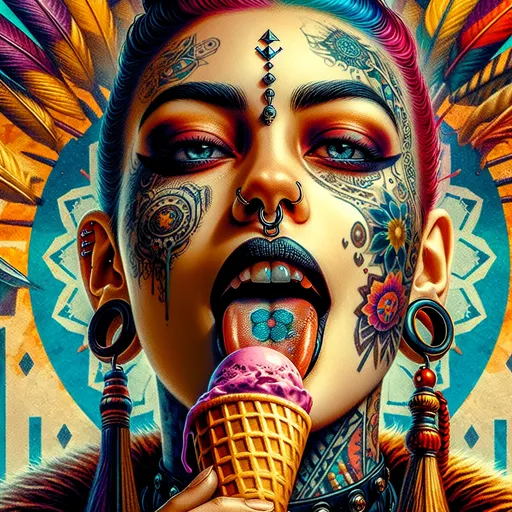 Prompt: Extreme Closeup view from below, Head shot, wanting facial expression, a woman looking at viewer licking an ice cream cone, with tattoos and piercings on her face and neck, with a colorful background of feathers and a skull, Art Germ, gothic art, vibrant colors, highly detailed oil painting, cyberpunk art