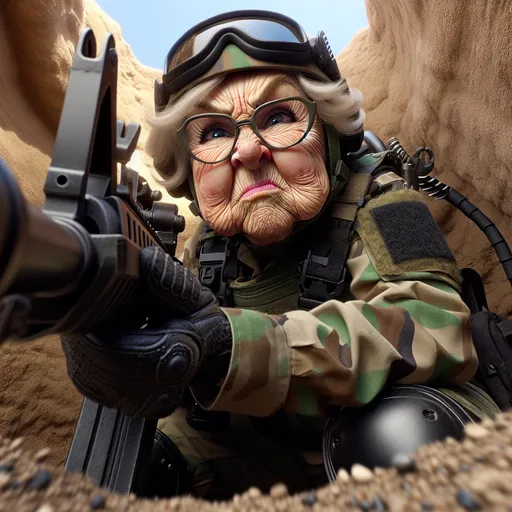 Prompt: 
Looney Toons, photo realistic, 3D, View from below, a little person,  100 year old wrinkled woman, grumpy wrinkled old woman  wearing camo face paint, camo combat gear and goggles and black boots shooting a .50 Cal machine gun at the viewer from a fox hole in the desert, action scene, humorous, funny exaggerated facial features, professional