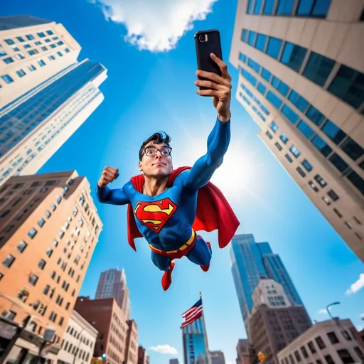 Prompt: Closeup View from below,  Looney Toons style, a little person, superman flying upward toward the sky while taking a selfie with a smart phone, American flag, downtown city setting, high quality, high definition, vibrant colors