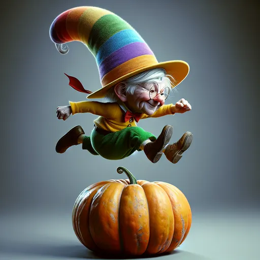 Prompt: Photo realistic, Looney toons style, a little person, A 100 year old wrinkled old cat in the hat in rainbow colors inspired by the illustrations of Dr. Seuss, jumping over a pumpkin, realistic facial features, humorous, vibrant colors