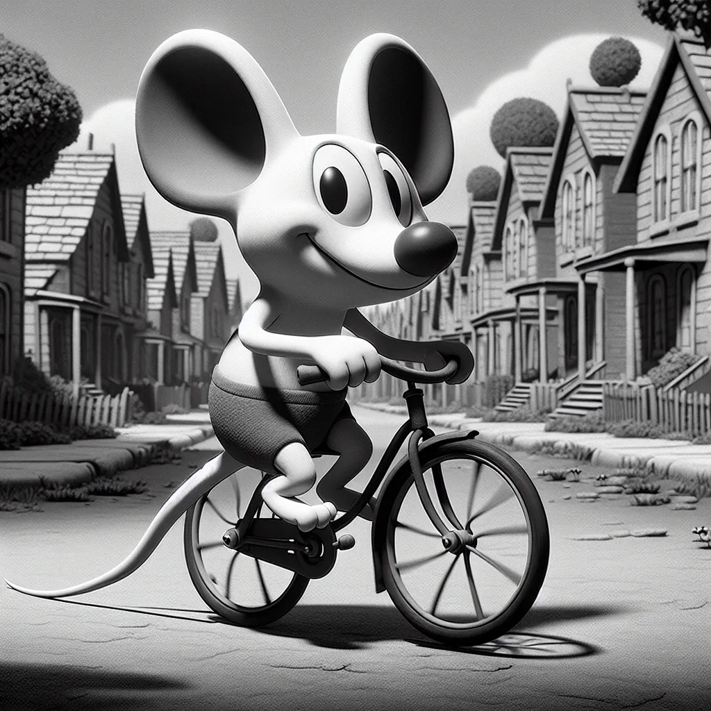 Prompt: Fleischer Cartoon style, Mickey Mouse riding a bike