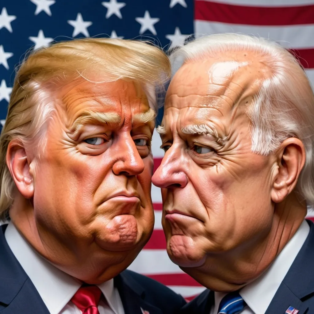 Prompt: Close-up, depth of field, style Looney Toons, a little person, exaggerated caricature, plump Donald Trump, thin Joe Biden, nose to nose, humorous expressions, painted style, comical details, high quality, professional, humorous, detailed facial features, playful lighting, background is an American flag