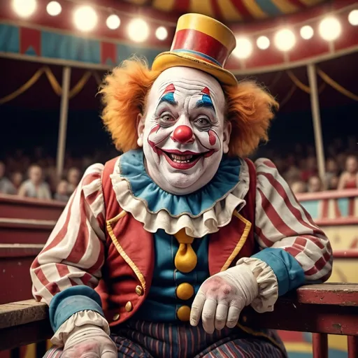 Prompt: Photorealistic 3D portrait, a little person, fat very old worn down circus clown sitting on the bleachers, full clown face makeup, humorous exaggerated facial expression, faded 1800's circus outfit, Looney Toons style, circus tent setting, detailed facial wrinkles, show aging face, joyful expression, vintage, high quality, colorful, realistic lighting, classic clown makeup, professional artwork, detailed textures, circus theme, happy atmosphere