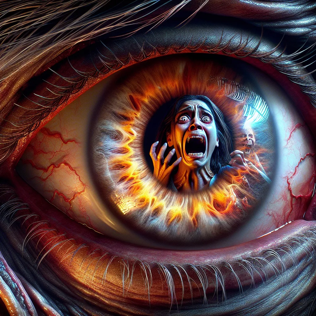 Prompt: Closeup A very angry evil monster's eye directed at the viewer, in the eye is a reflection of a lady screaming, vivid colors