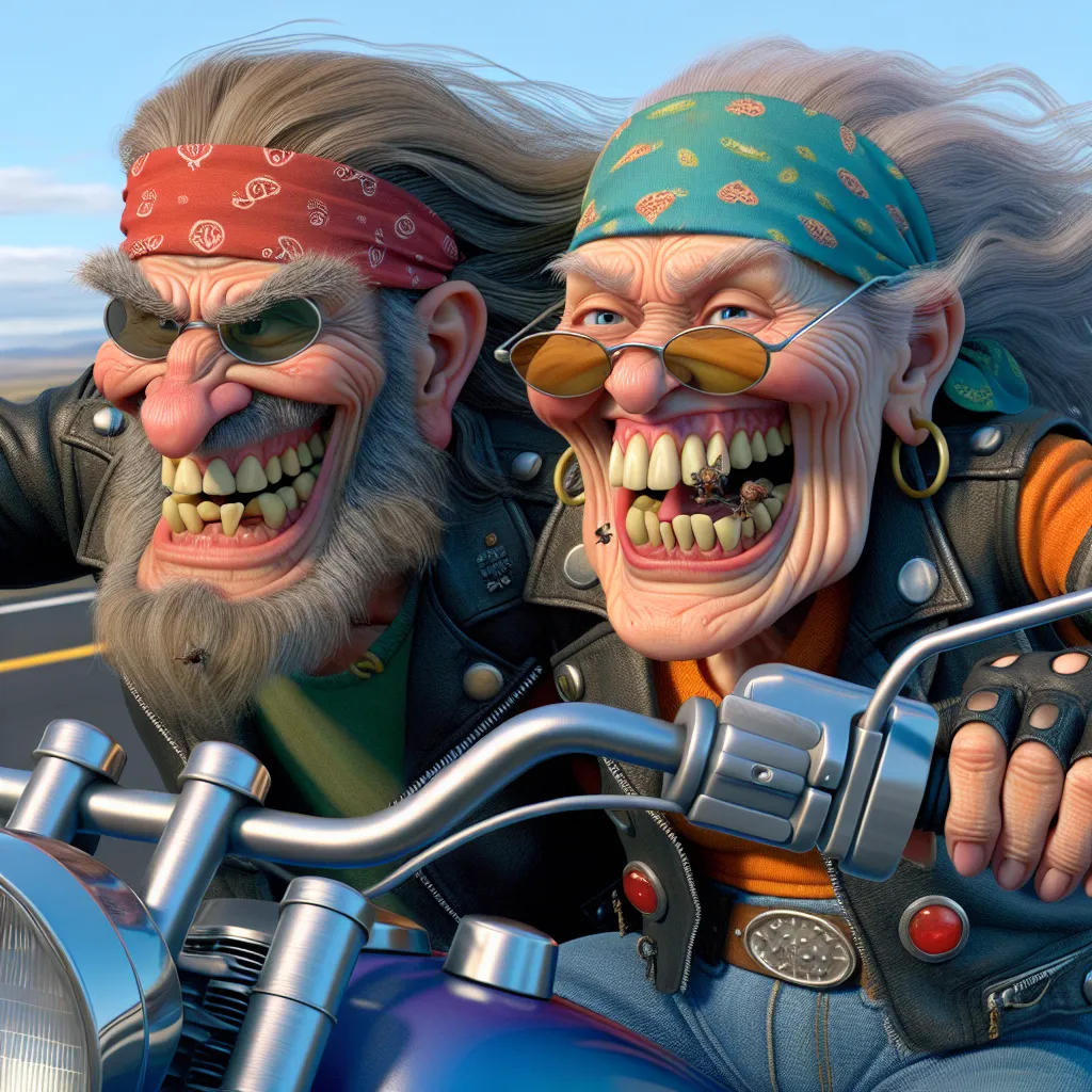 Prompt: 3D extreme closeup, Photo portrait, Looney toons style, a little person, humorous, two persons riding a motorcycle, a little old man long hair and old lady long hair riding a big motorcycle, wearing biker gang clothes and bandana hats, the lady is looking at the viewer and has a big grin, (dentures, bugs in her teeth), rough facial features, ultra high resolution, natural lighting, highway setting