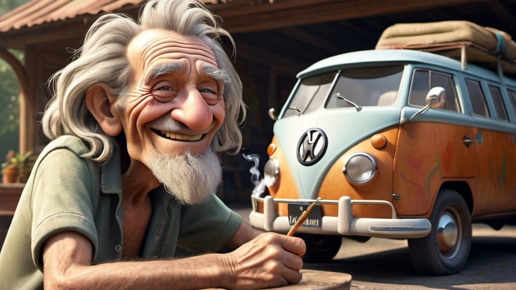 Prompt: Disney pixar comical character, 3D  render style, very deeply wrinkled 100 year old man smoking weed  sitting in front of an old VW van, 1960's peace sign, old hippy man in hippie clothing smoking weed, smiling, crazy long messy hair, many finely detailed exaggerated deep wrinkles, extra wrinkles, detailed craggy facial features, whimsical, cinematic colors, front porch setting