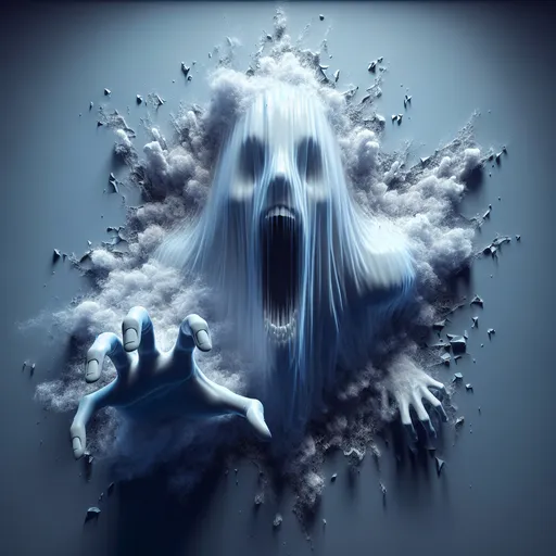 Prompt: 3D, Extreme closeup, misty transparent ghost passing through a wall, yelling at viewer, frightening