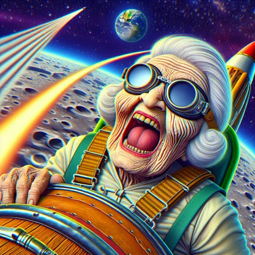 Prompt: 3D portrait, Fleischer Cartoon style, perspective View from above, 100 year old very old wrinkled old lady wearing goggles screaming strapped  vertically to the outside of a very fast moving rocket  hurtling  straight toward the viewer, earth recedes in the background, humorous, exaggerated facial expression, moon, outer space setting, vibrant colors, hi res