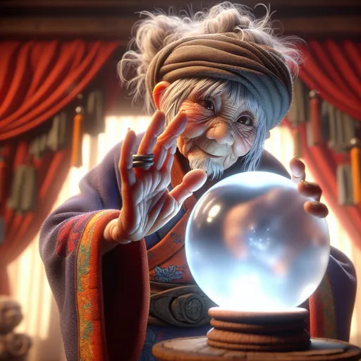 Prompt: 3D closeup, anime style, a little person, a creepy old wrinkled old woman, drifter  type dress and head scarf, waving her hand over a  crystal ball, (fish eye view clear glass crystal ball shows the future), humorous, realistic facial features, intricate details, creepy seance setting, hi res, vibrant color