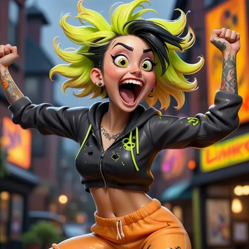 Prompt: Disney style, 3d closeup, depth of field, wet oil painting, anime style, caricature attractive plump goth punk woman with arms raised cheering jumping leaping for joy, big wide open eyes, happy elated facial expression,  expressive hair style wearing short neon yellow neoprene onesie, tattoos, long black Messy hair, bar with neon sign at dusk outdoor setting,  tones of orange black gray, dynamic pose, happy vibe, intricate detail, detailed tattoos. Background desaturated. hi res