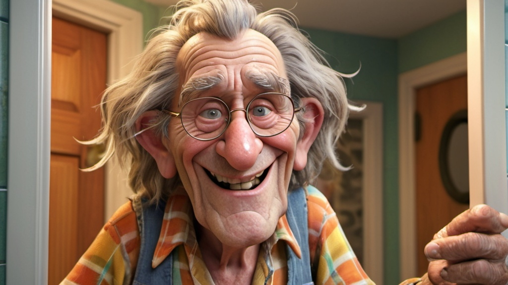 Prompt: Disney pixar comical character, 3D  render style, very deeply wrinkled 100 year old man looking in a bathroom mirror combing his hair old hippy man in hippie clothing smoking weed, smiling, messy greasy hair, many finely detailed exaggerated deep wrinkles, extra wrinkles, detailed craggy facial features, whimsical, cinematic colors, front porch setting