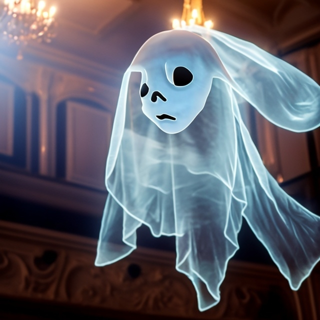 Prompt: Closeup, Transparent ghost flying across a victorian ballroom