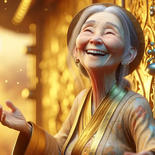 Prompt: 3D closeup of a 85 year-old wrinkled old lady, very happy and smiling, floating in a surreal and dreamlike oriental dream world, Looney Toons style, vivid colors, meticulously detailed, hi-res, surreal, dreamlike, happy expression, golden dream world, 3D closeup, elderly, floating, vivid colors, Looney Toons style, meticulous detail, carefree atmosphere