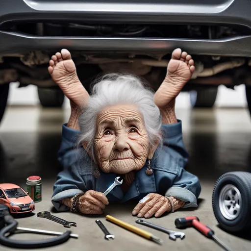 Prompt: Closeup, a little person, 100 year old very wrinkled frustrated  woman mechanic laying face up under a car making repairs feet pointed toward the viewer, garage setting, tools lying on the ground, humorous, high quality, high definition, vibrant colors