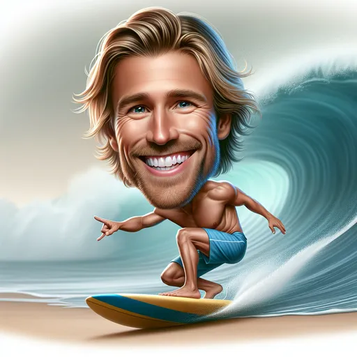 Prompt: 
Closeup Ultra Realistic Whimsical caricature of a cheeky man surfer riding a surfboard with expressive long blonde hair, blue swim trunks and a yellow striped surfboard I'm he is in a dynamic pose.  Large breaking wave background misted soft muted colours chic art cool vibes