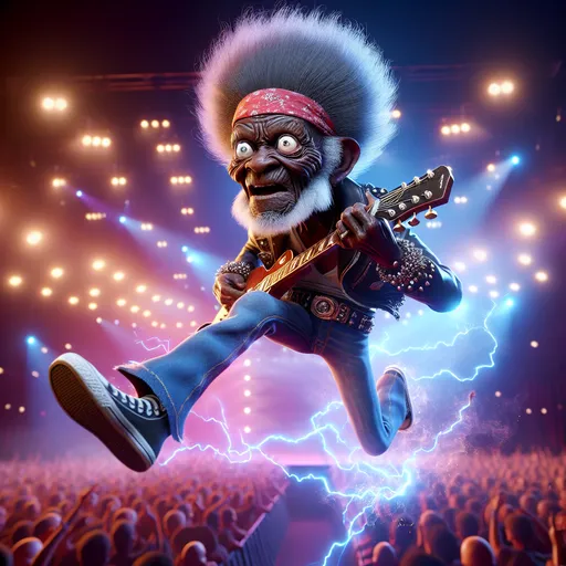 Prompt: 3D closeup View from below,  Looney Toons style, a little person, 100 year old very wrinkled old black man man big afro hair with electric guitar , long crazy hair dressed as rock star (jump kicking on stage toward the viewer) singing "Let the bodies hot the floor", humorous surprised facial expression, realistic facial features, real sparks, drifting smoke, busy rock concert setting, stage lighting, high quality, high definition, vibrant colors